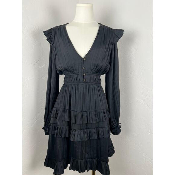 ANTHROPOLOGIE Ink-Black Silky Ruffled Goth Midi Dress Womens: Small - Picture 1 of 11
